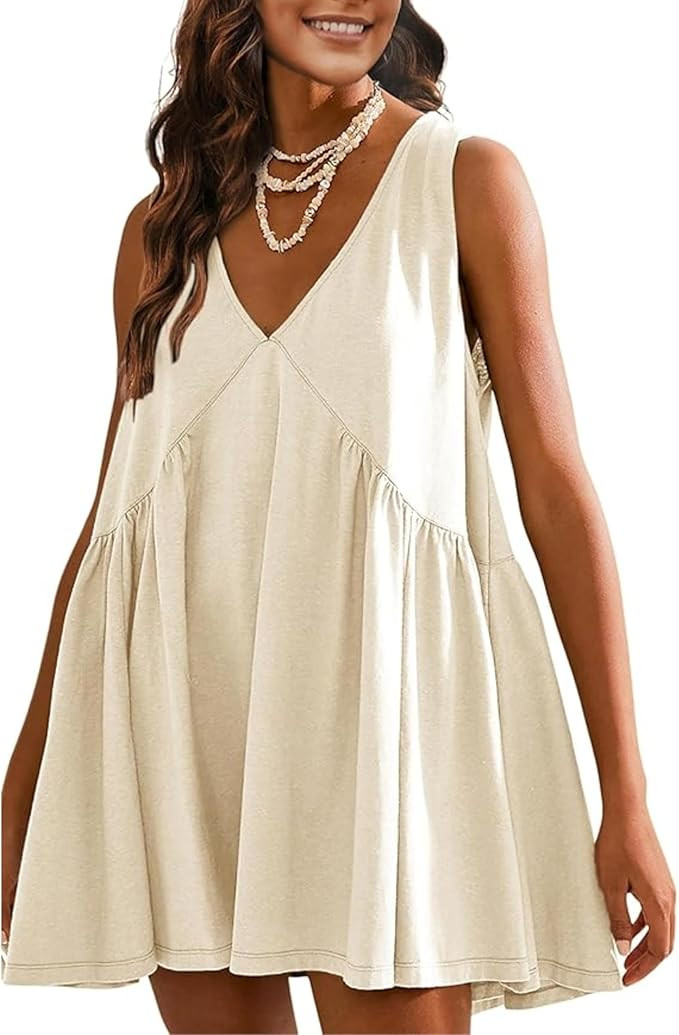 OPCAKM Women's V Neck Sleeveless Mini Dress Loose Summer Pleated Swing Flowy Sundress | Amazon (US)