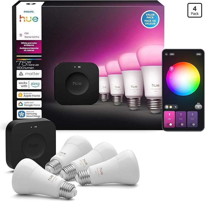 Philips Hue Starter Kit: Bridge Pro + 4 A19 E26 Smart Bulbs, White & Color Ambiance, Dimmable, Sm... | Amazon (US)