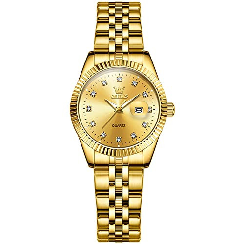 OLEVS Womens Gold Watch Golden Face Diamond Dress Watch for Women Small Wrist 14K Gold Plated Analog Quartz Ladies Wristwatch Stainless Steel Band Waterproof Female Wristwatch Coin Edge Bezel | Amazon (US)