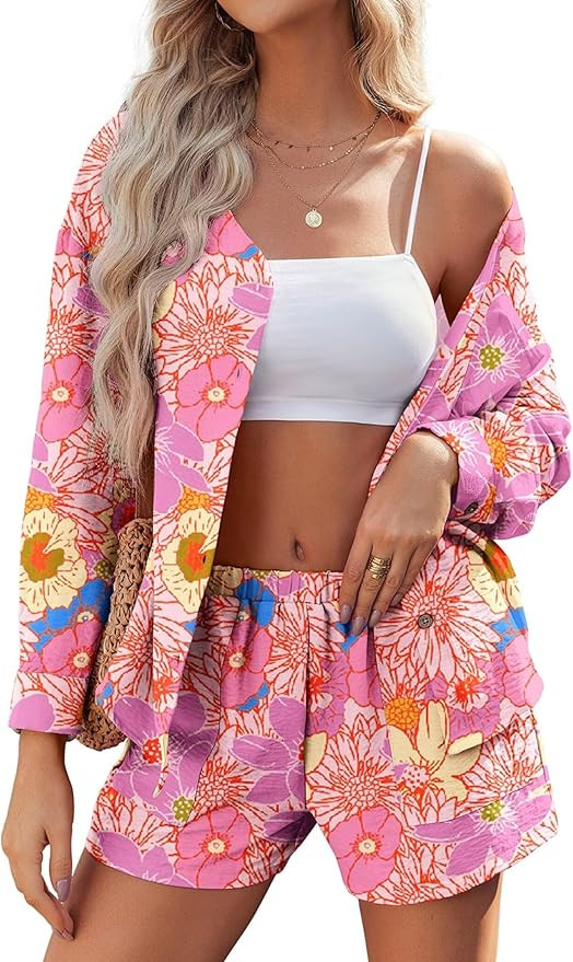 Ekouaer Womens Hawaiian 2 Piece Outfits Long Sleeve Button Down Shirt and Shorts Tracksuit Lounge... | Amazon (US)