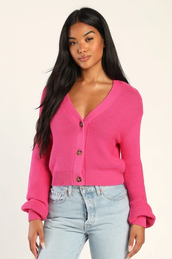 That Cozy Feeling Hot Pink Knit Button-Up Cropped Cardigan | Lulus (US)