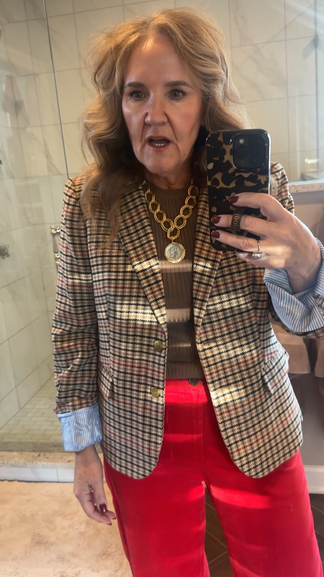 Finally got dressed and cleaned up for the night. Heading to dinner. Sizes below! 

Pants size 10, petite 
Sweater size med 
Blazer size 12 petite 
Shoes, true to size and yes, they are comfortable very very nice leather 

Fall outfit, Talbots pants, J.Crew plaid, blazer, Walmart sweater, Susan Shaw, jewelry, mixed metal, jewelry, silver, gold jewelry, leather slingbacks  sezane shoes 

#LTKWorkwear #LTKMidsize #LTKOver40