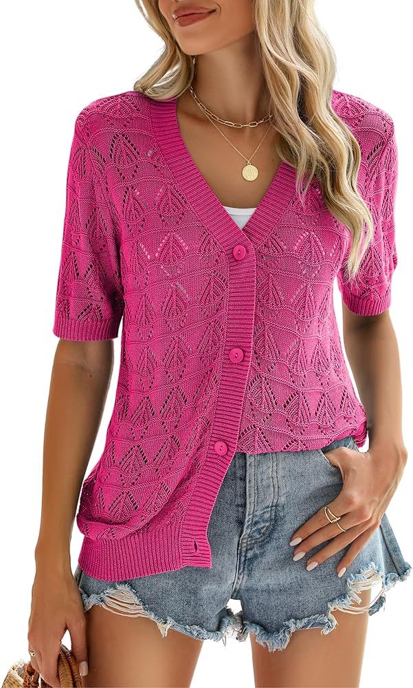 Zeagoo Women's Short Sleeve 2024 Summer Crochet Cropped Cardigan V Neck Button up Bolero Shrug Sw... | Amazon (US)
