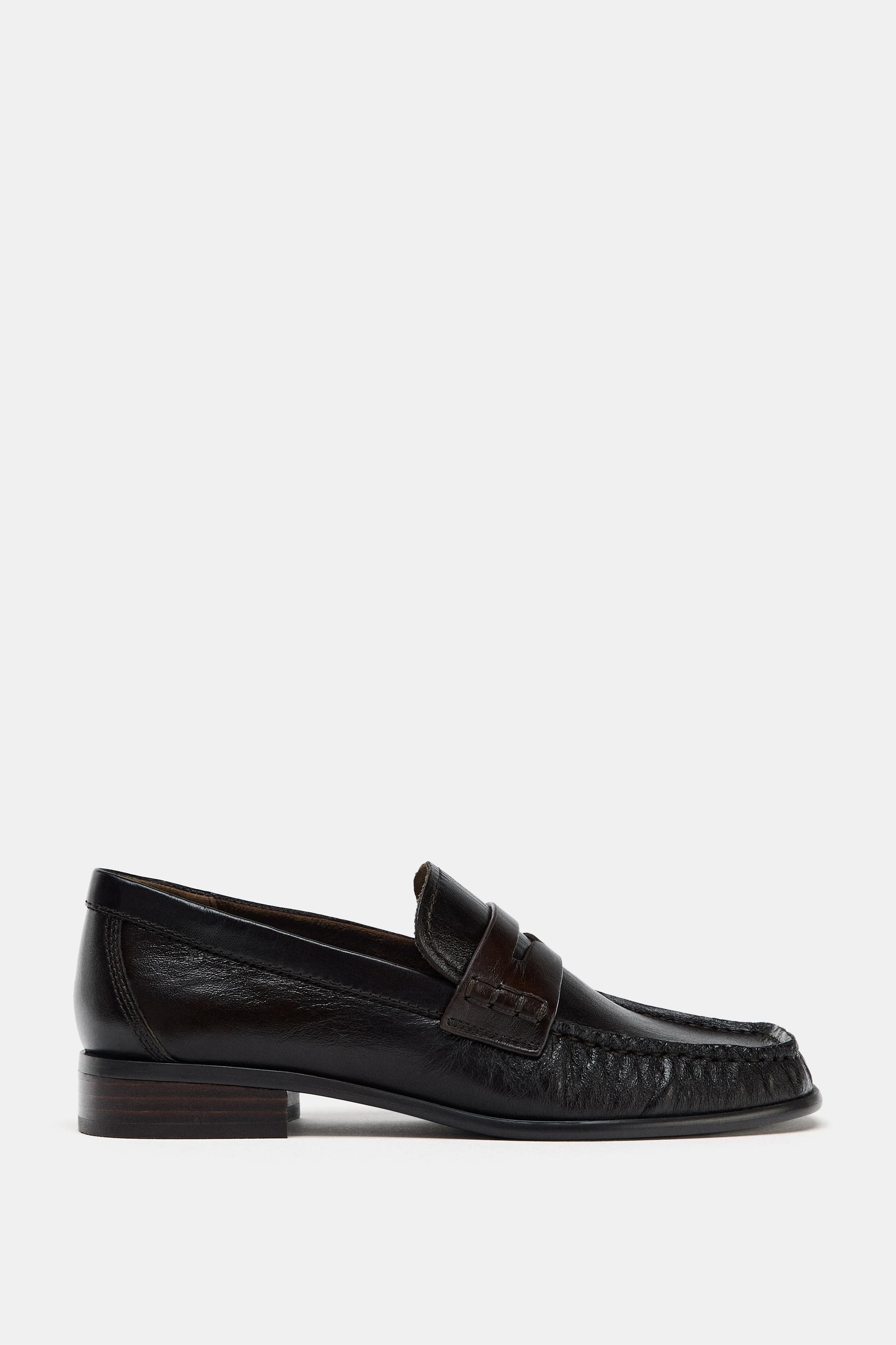Zara - Leather Loafers With Square Toe - Chocolate Brown - 9 - Woman | Zara UK