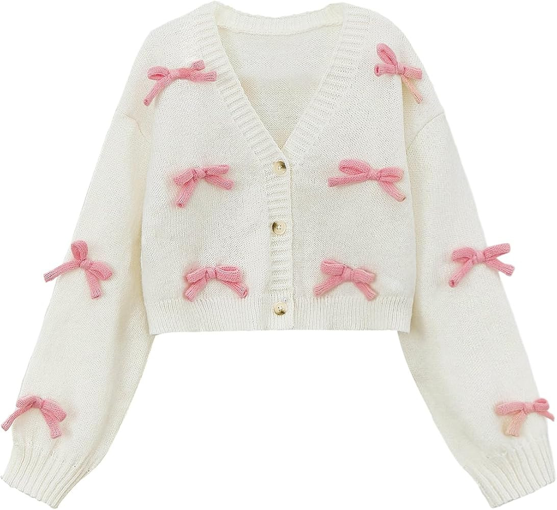 SHENHE Girl's Bow Button Down Knitted Cardigan V Neck Loose Cute Crop Sweater Outwear | Amazon (US)