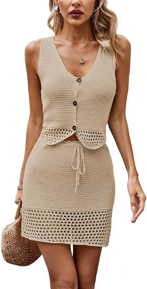 HANMAX Womens Summer 2 Piece Sets Crochet Knit Vest Top and Bodycon Mini Skirt Dress Sweater Outf... | Amazon (US)