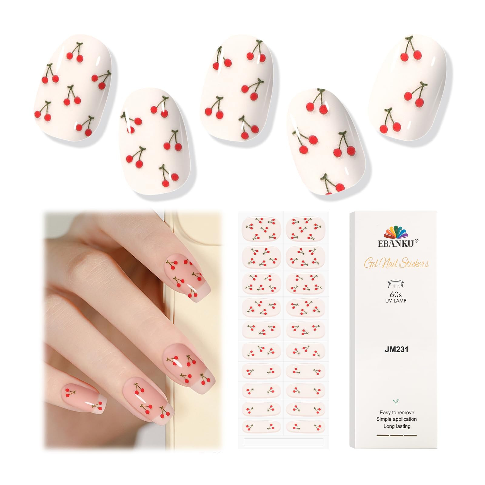 EBANKU Semi Cured Gel Nail Strips, 20PCS Clear Base Cherry UV Gel Nail Stickers Summer Gel Nail W... | Amazon (US)