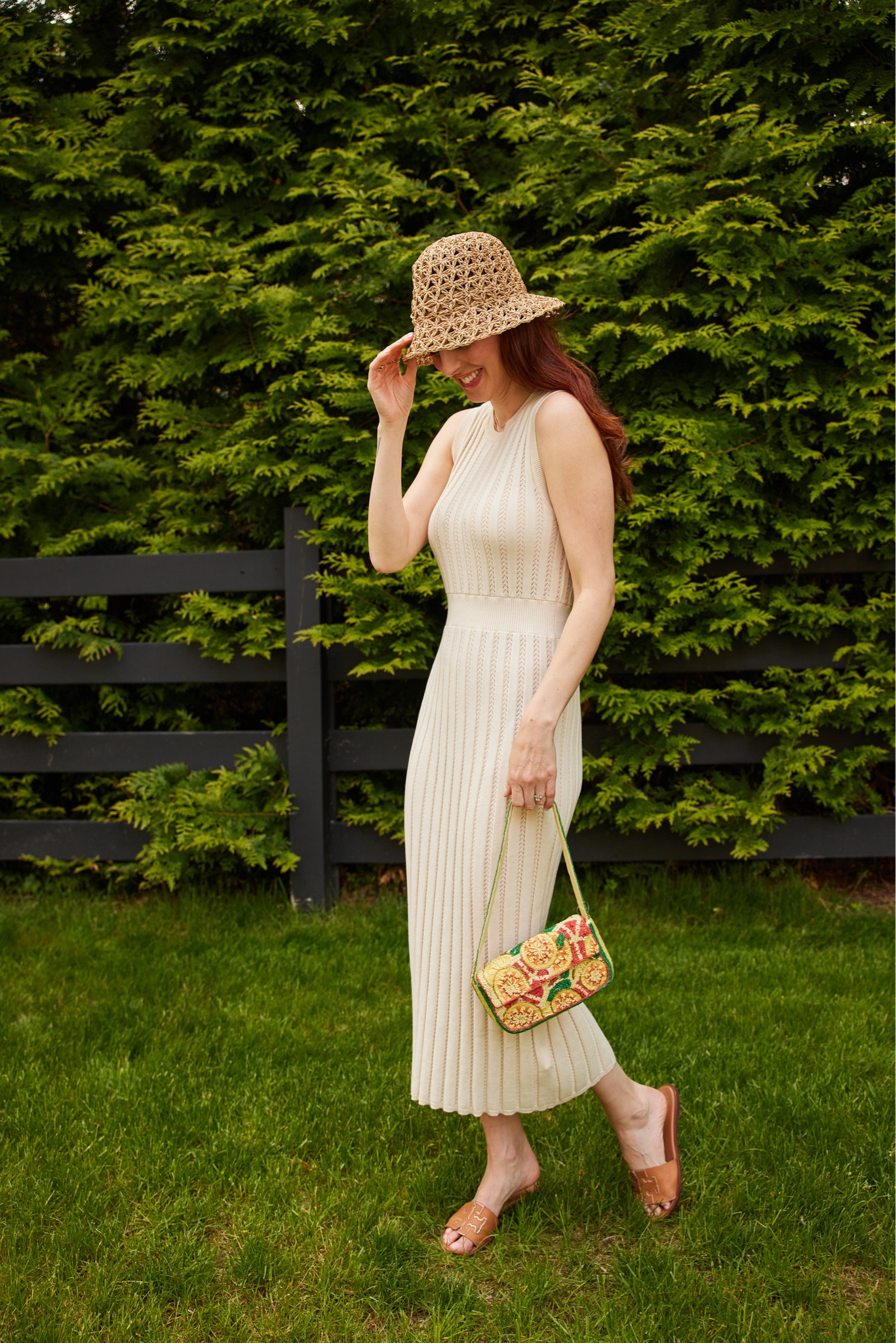 Summer accessories are my fav! Loving this woven bucket hat, beaded shoulder bag, and Tory Burch sandals. This knit dress is also very comfy for summer! 

#LTKunder100 #LTKstyletip #LTKitbag