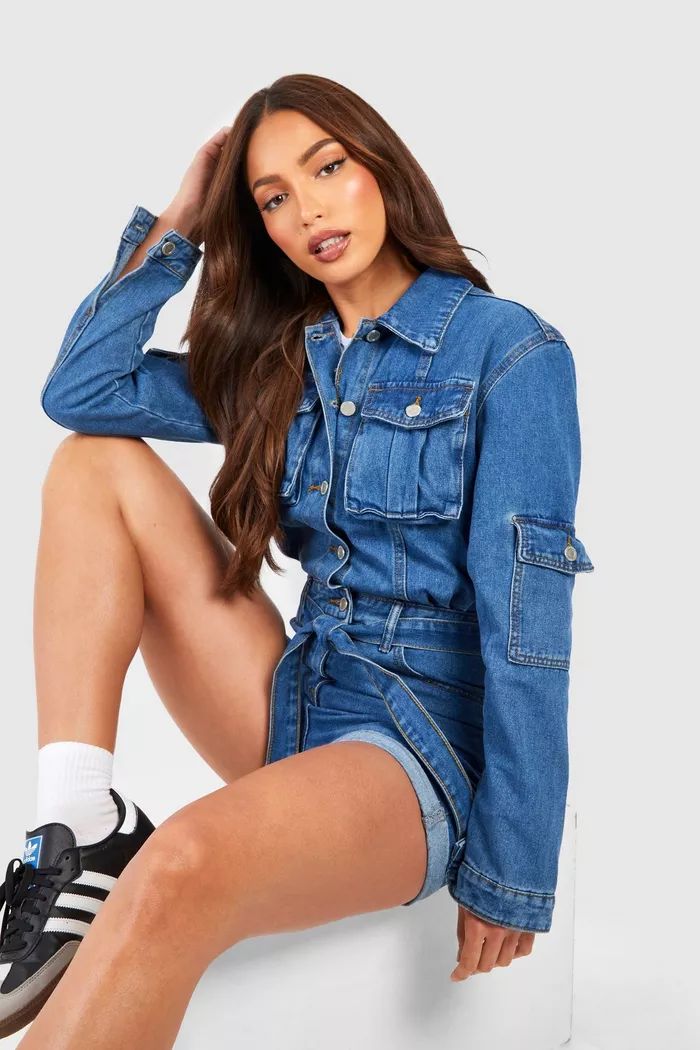 Tall Belted Tapered Cargo Denim Romper | boohoo (US & Canada)