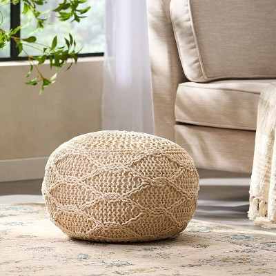 PAGED Modern 20 x 20 Inch Round Pouf with Diamond Texture, Knitted Cotton Bean Bag Chair for Living Room, Bedroom, Dorm, No Assembly, Ivory | Target