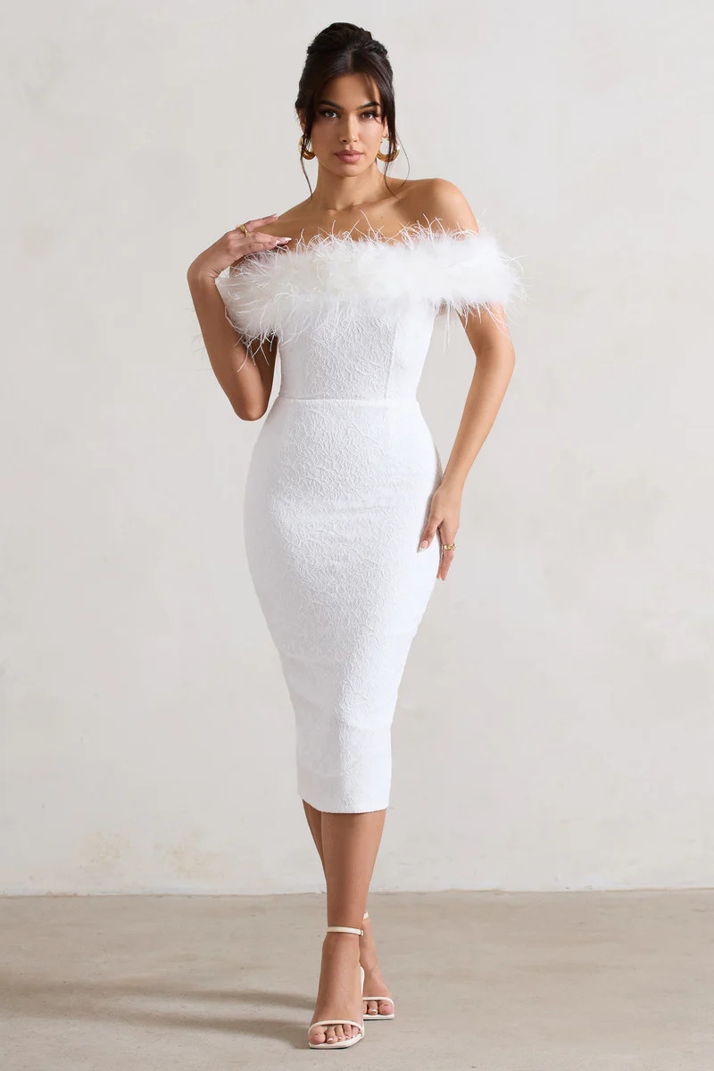 Maiden | White Lace Bardot Midi Dress With Feather Trim | Club L London