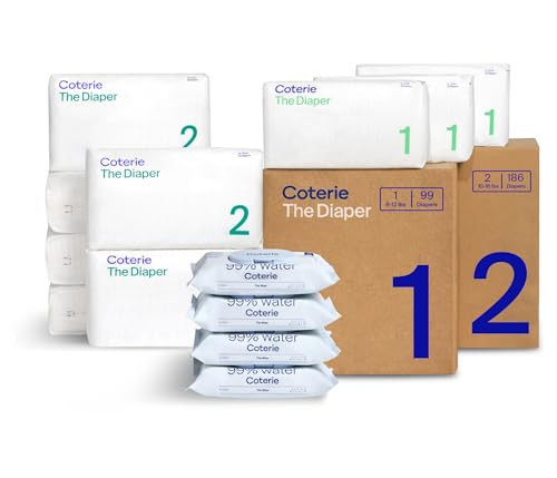 Coterie Baby Wipes + Diapers Kit, Size 1 (99 Count) & Size 2 Diapers (186 Count), 4 Pack (224) Baby Wipes with 99% Water, Plant Based Materials, Hypoallergenic for Sensitive Skin | Amazon (US)