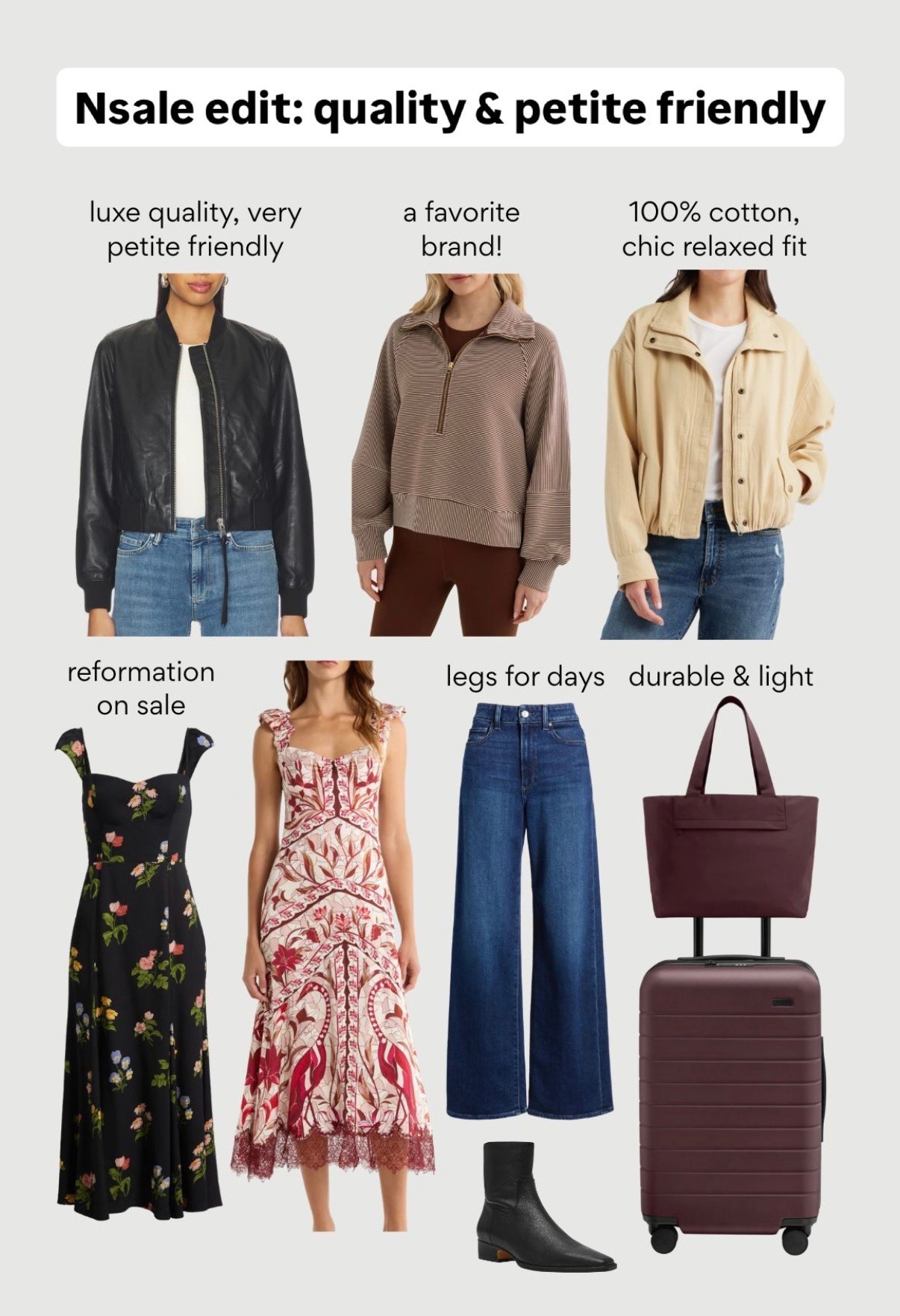 Items I've tried on or own in older versions and would reccommend:
- Allsaints leather jacket beautiful quality, runs small, I can do 0 for shrunken fit or 2 for relaxed fit
- Varley go TTS, I'm an XXS in this for oversized fit 
- Cotton jacket XXS chic relaxed fit
- Reformation dress runs slim, 0 is fitted on me
- Farm Rio dress runs a little small I'm between XXS and XS, length is petite friendly
- Paige jeans 24 Cropped with flats, or 24 Petite full length with high heels
- Steve madden boots 5.5
- Away luggage is my go to but i havent tried the matching bags 

Nordstrom anniversary sale petite friendly , athleisure, quality jackets and dresses , petite jeans , leather ankle boots

#LTKSaleAlert #LTKPetite #LTKTravel