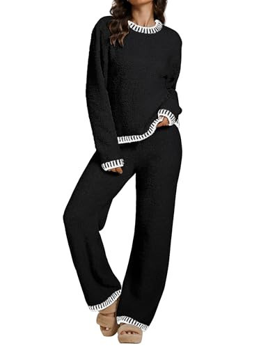 luvamia Lounge Sets For Women Fuzzy Two Piece Pants Set For Women Sweater Set Two Piece Lounge Set For Women Womens Matching Lounge Set Cute Outfits For Women Black Size Small Fits Size 4 Size 6 | Amazon (US)