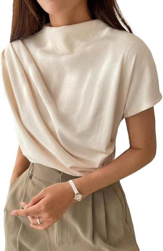 Women's Solid Mock Neck Ruched Detail Tee Top Batwing Sleeve T Shirt Blouse for Women | Amazon (US)