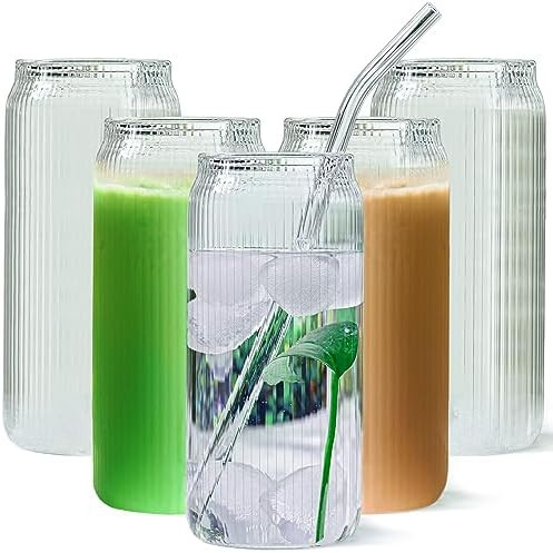 Set of 6 Ribbed Can Shaped Glass Cups with Glass Straws - 16oz Can Glass Drinking Glasses, Iced C... | Amazon (US)