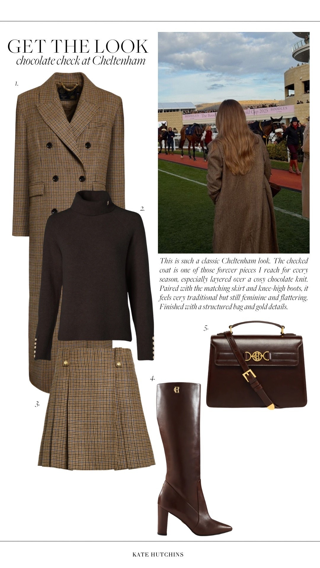 This is such a classic Cheltenham look. The checked coat is one of those forever pieces I reach for every season, especially layered over a cosy chocolate knit. Paired with the matching skirt and knee-high boots, it feels very traditional but still feminine and flattering. Finished with a structured bag and gold details.

#LTKootd
