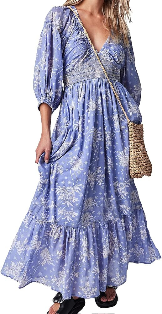 Women's Summer Dress Printed V-Neck Silhouette Exaggerated Sleeves Casual Maxi Dress | Amazon (US)