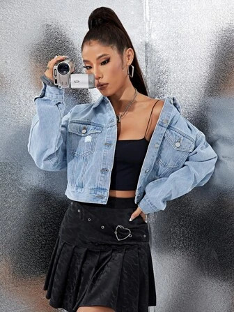 SHEIN EZwear Flap Pocket Ripped Drop Shoulder Denim Jacket | SHEIN