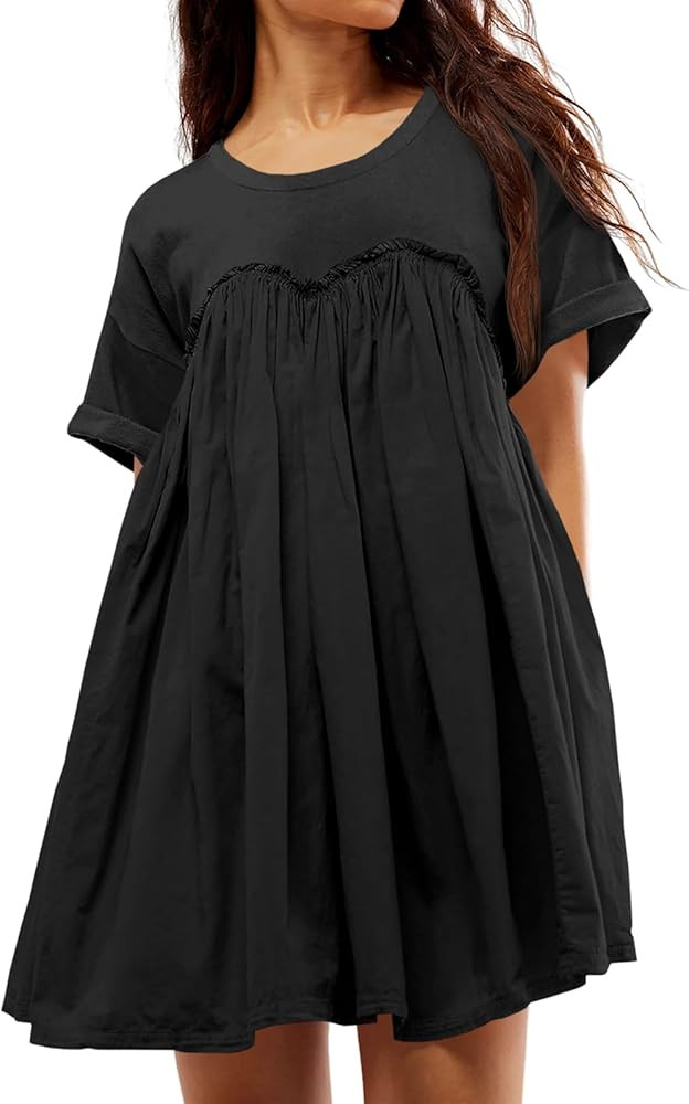 Wenrine Womens Short Sleeve T Shirt Dress Summer Babydoll Patchwork Swing Casual Mini Dresses | Amazon (US)