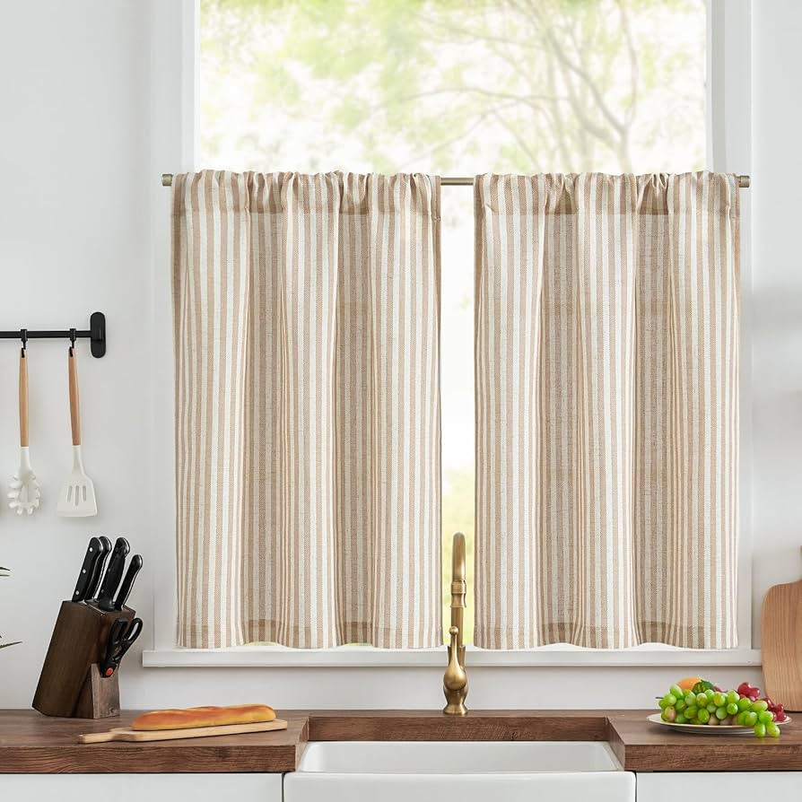 jinchan Striped Linen Kitchen Curtains 30 Inch Length Pinstripe Farmhouse Cafe Tier Curtains for ... | Amazon (US)
