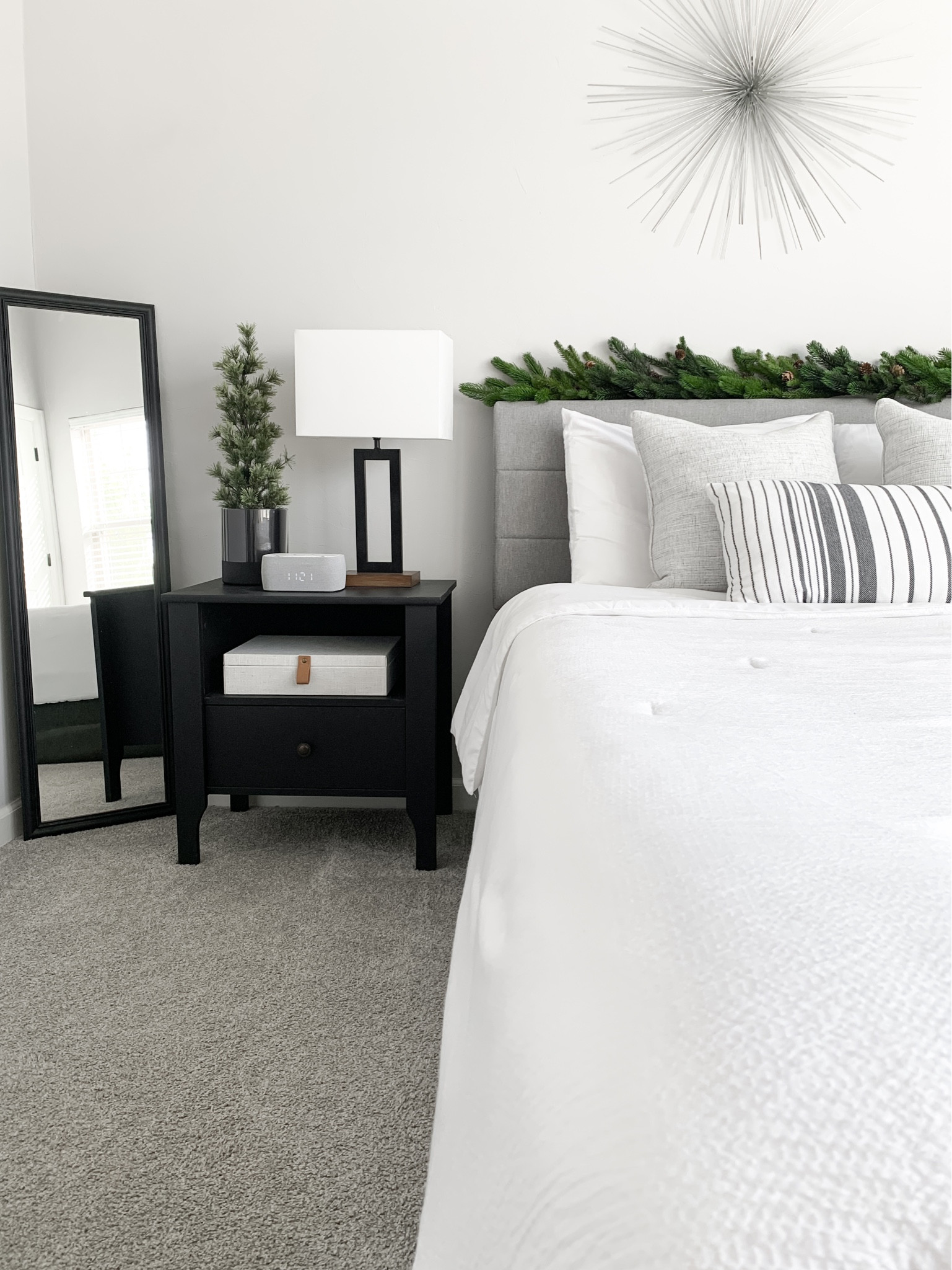 Simple Holiday/Christmas Touches in our guest bedroom 

Home decor, Christmas decor, holiday decor, guest bedroom decor, ready for guest, ready to host, garland over bed, bedroom styling, white bedding, minimal home, nightstand, nightstand lamp, decor box, alarm clock, black mirror

#LTKHoliday #LTKhome #LTKstyletip