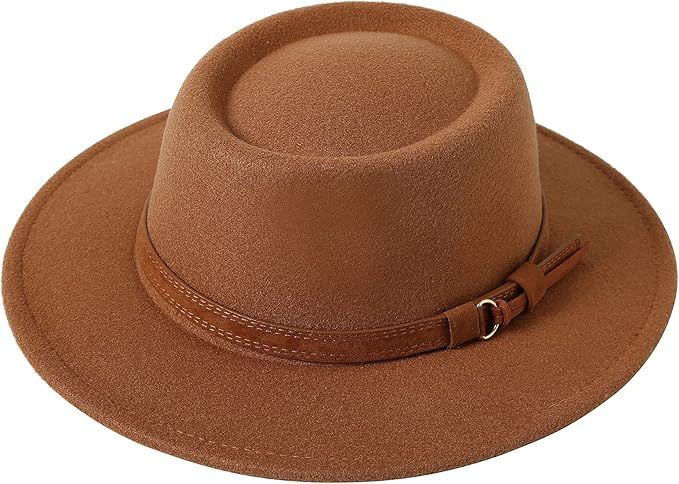 Lanzom Women Vintage Wide Brim Warm Wool Fedora Hat Belt Panama Hat Felt Jazz Hat | Amazon (US)