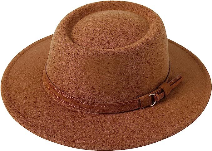 Lanzom Women Vintage Wide Brim Warm Wool Fedora Hat Belt Panama Hat Felt Jazz Hat (B-Khaki, Mediu... | Amazon (US)