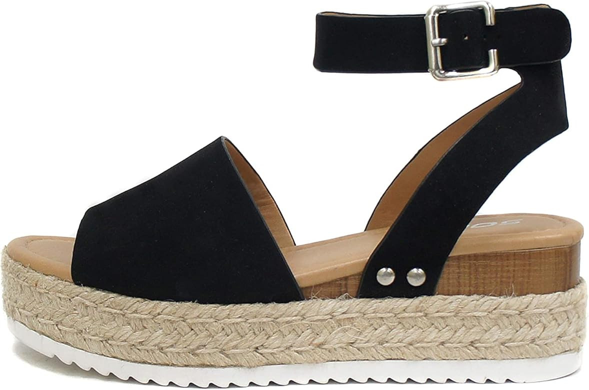 Soda Topic Open Toe Buckle Ankle Strap Espadrilles Flatform Wedge Casual Sandal | Amazon (US)
