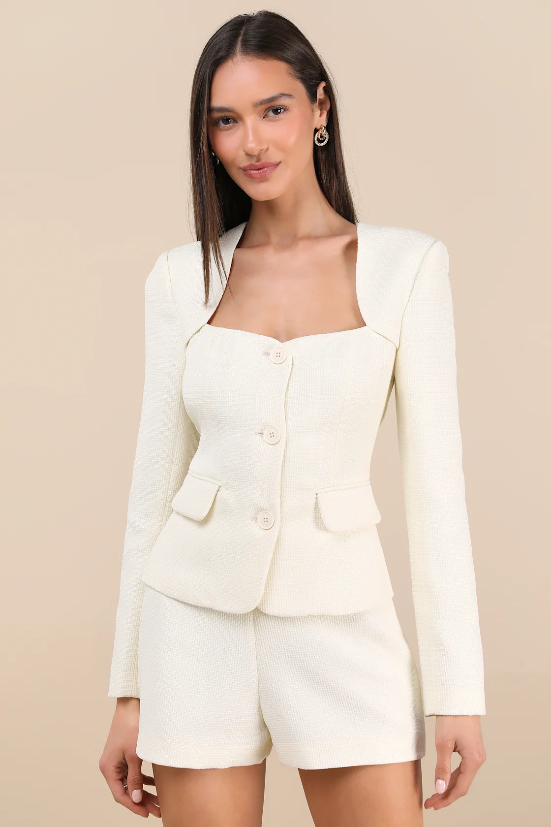 Hulda Ivory Textured Button-Front Long Sleeve Blazer | Lulus