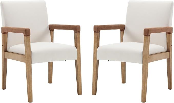 Modern Dining Chairs Set of 2 Linen Fabric Kitchen Arm Chairs Upholstered Accent Chairs with Wood... | Amazon (US)