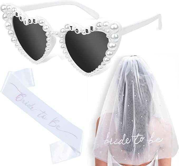 JoyChoi Bride to Be Bachelorette Party Accessories – 3-Piece Set with Sash, Heart Sunglasses & ... | Amazon (US)