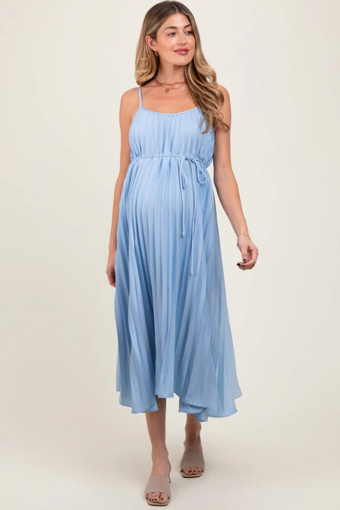 Light Blue Pleated Sash Tie Maternity Midi Dress | PinkBlush Maternity
