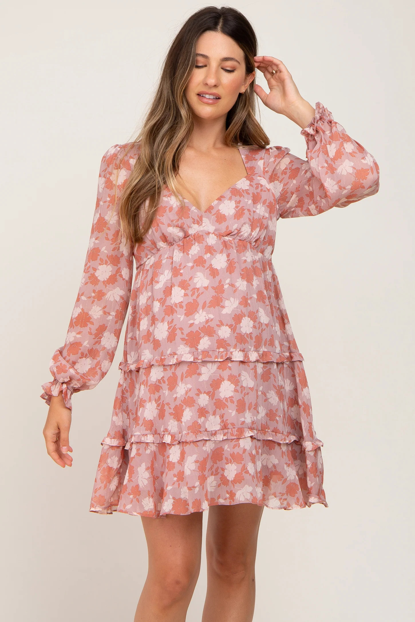 Salmon Floral Ruffle Tiered Maternity Mini Dress | PinkBlush Maternity