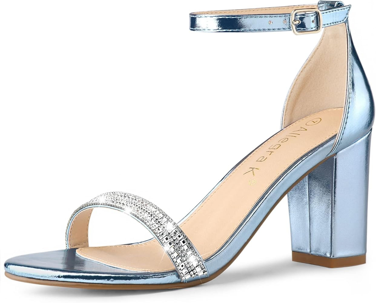 Allegra K Women's Rhinestone Ankle Strap Chunky Heels Sandals | Amazon (US)