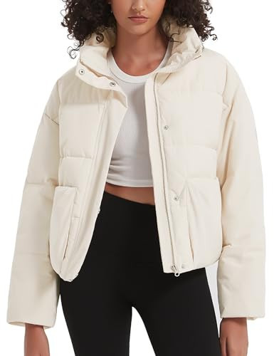 Lesmart Womens Puffer Jackets Crop Coat Zipper High Collar Winter Warm Long Sleeve Baggy Short Jackets Coat with Pockets Apricot 2XL | Amazon (US)