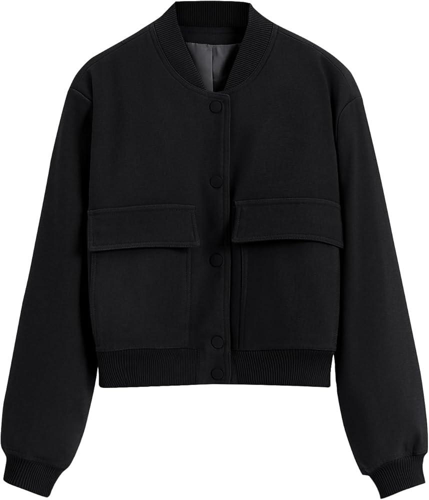 AUTOMET Bomber Jacket Women Cropped Casual Button Up Solid Color Varsity Shacket Jackets with Poc... | Amazon (US)