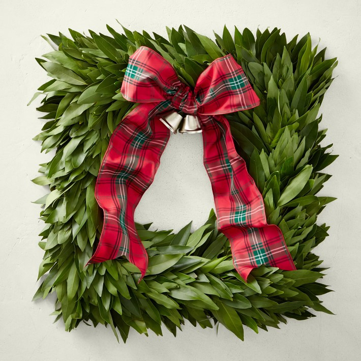 Bay Leaf Square Wreath with Tartan Ribbon, 16" | Williams-Sonoma