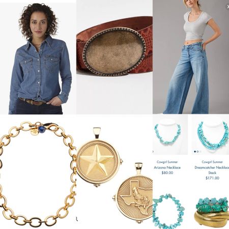 Denim on denim with turquoise accents  