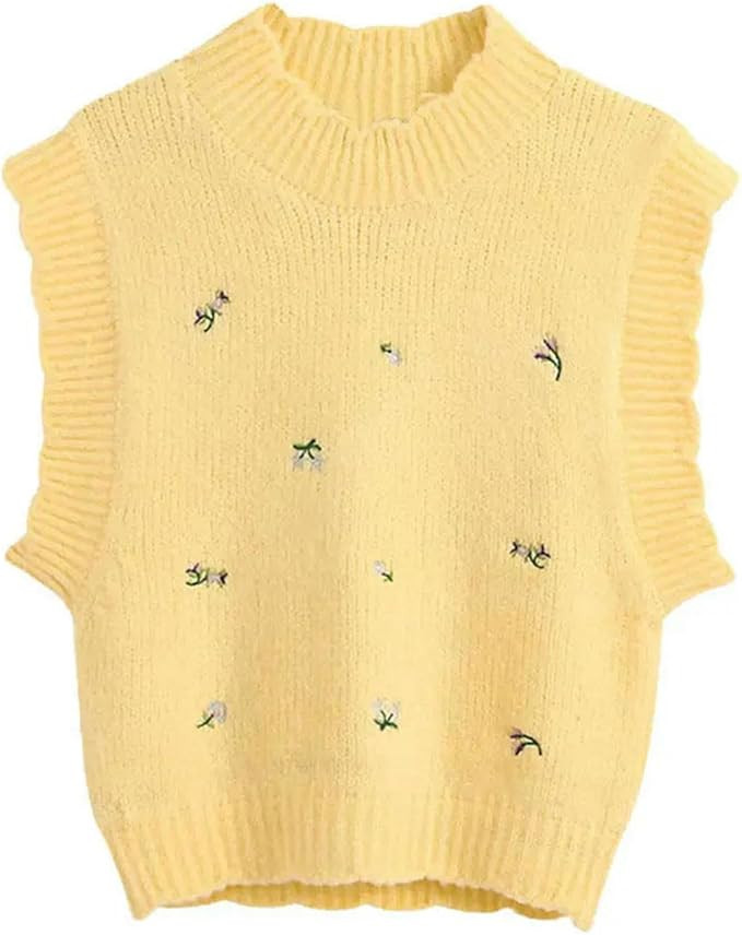 Women Sweet Fashion Floral Embroidery Knitted Vest Sweater High Neck Sleeveless Female Waistcoat ... | Amazon (US)