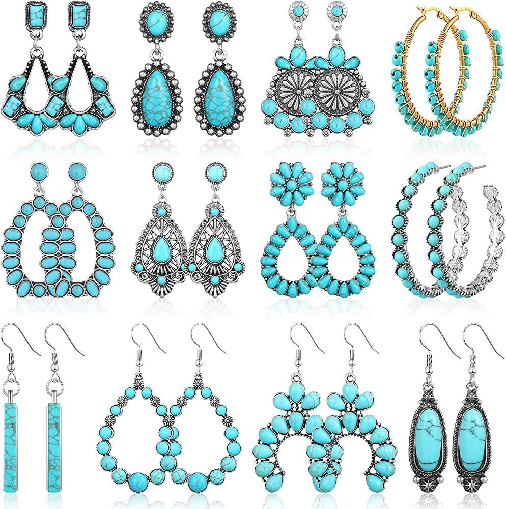12 Pairs Turquoise Earring Set Turquoise Bohemian Dangle Metal Earrings Turquoise Round Earrings ... | Amazon (US)