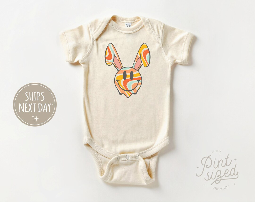 Retro Smiley Bunny Baby Onesie® Natural Easter Bodysuit Groovy Spring Onesie® - Etsy | Etsy (US)