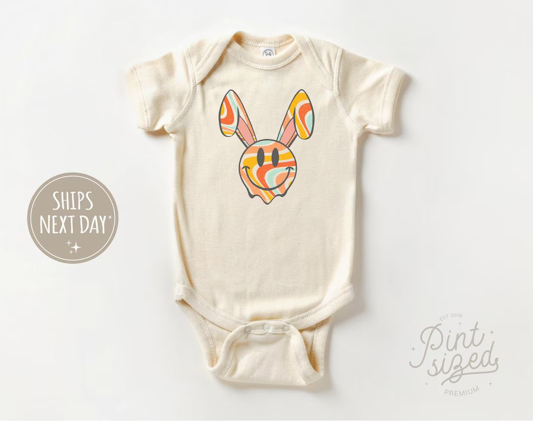 Retro Smiley Bunny Baby Onesie® Natural Easter Bodysuit Groovy Spring Onesie® - Etsy | Etsy (US)