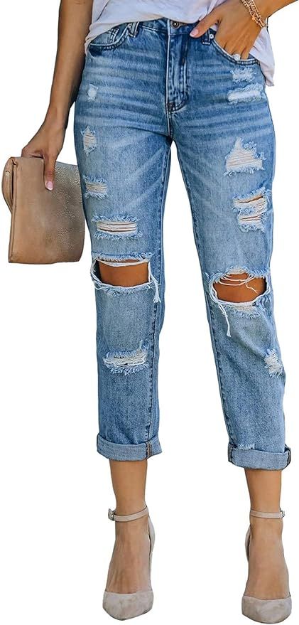 Sidefeel Women Patchwork Destroyed Raw Hem Jeans Ripped Hole Denim Pants | Amazon (US)