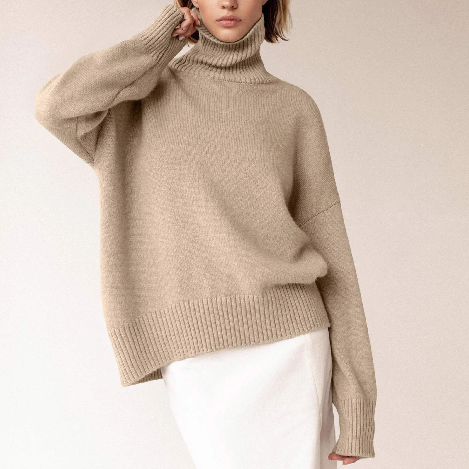Bnwani Womens Turtleneck Sweaters Loose Solid Color Long Sleeve Knit Khaki Women Sweaters Size S(... | Walmart (US)