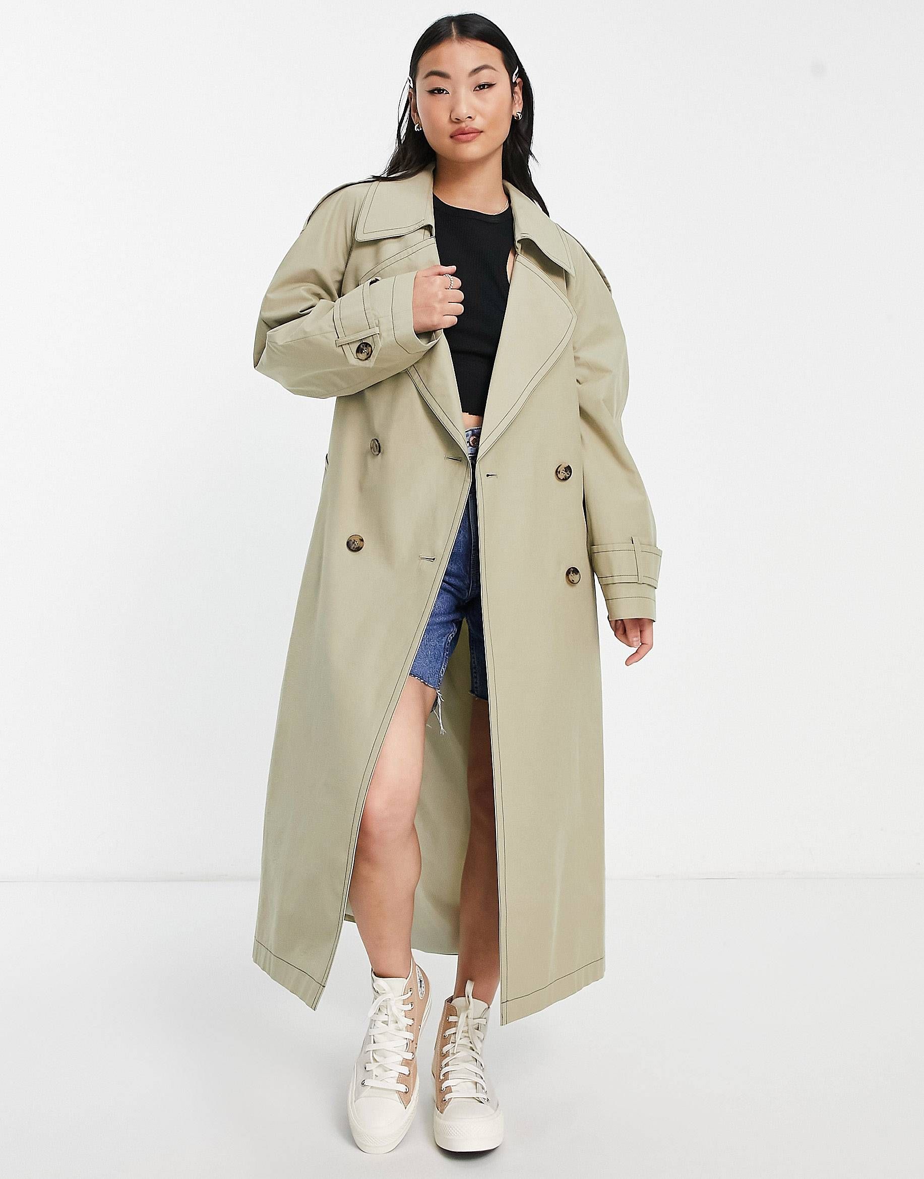 ASOS DESIGN trench coat with contrast stitch in sage | ASOS (Global)