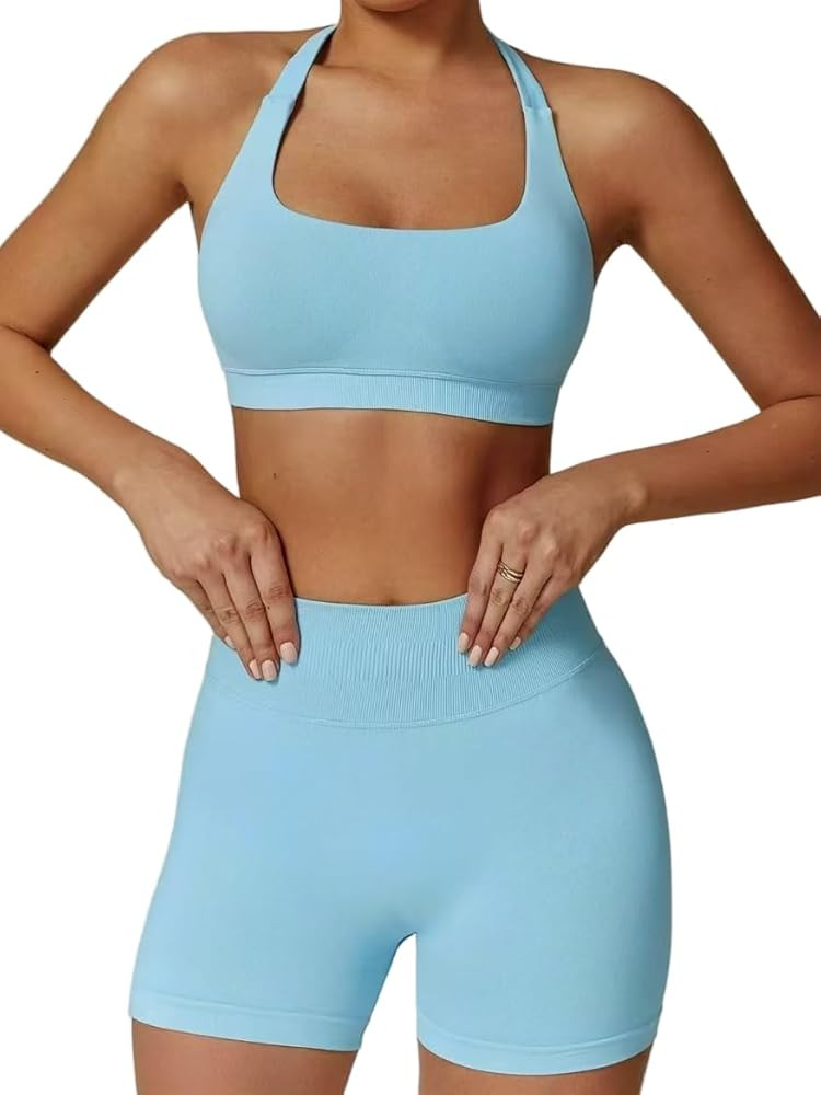 Workout Sets for Women 2 Piece Seamless Halter Sport Bra High Waist Shorts Exercise Gym Yoga Outf... | Amazon (US)