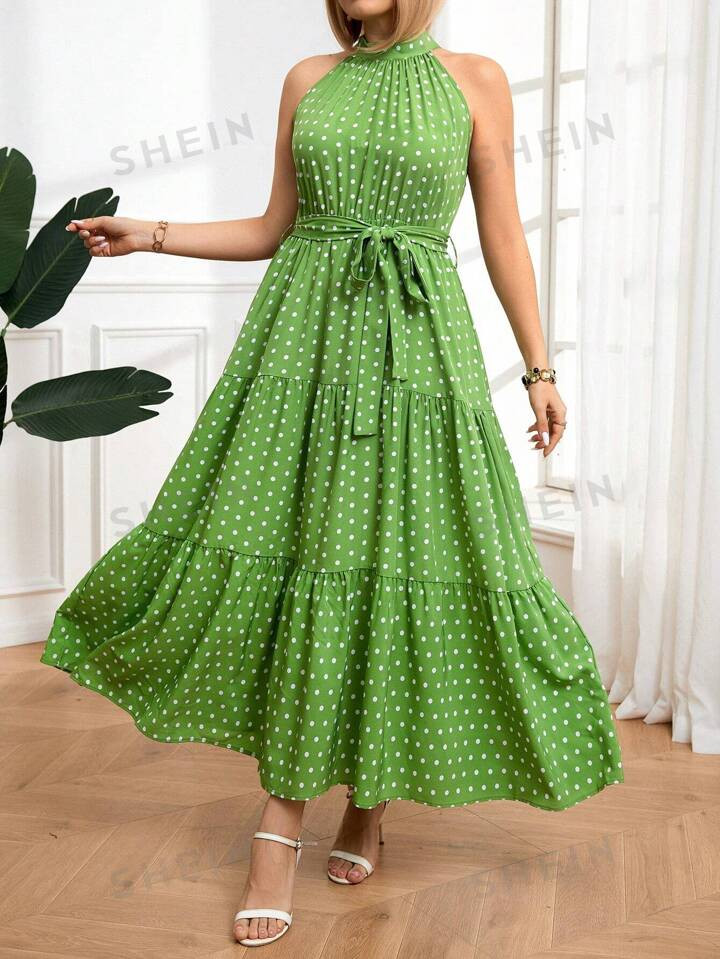 SHEIN VCAY Summer Plus Size Women's Stylish Polka Dot Printed Halter Neck Dress | SHEIN | SHEIN