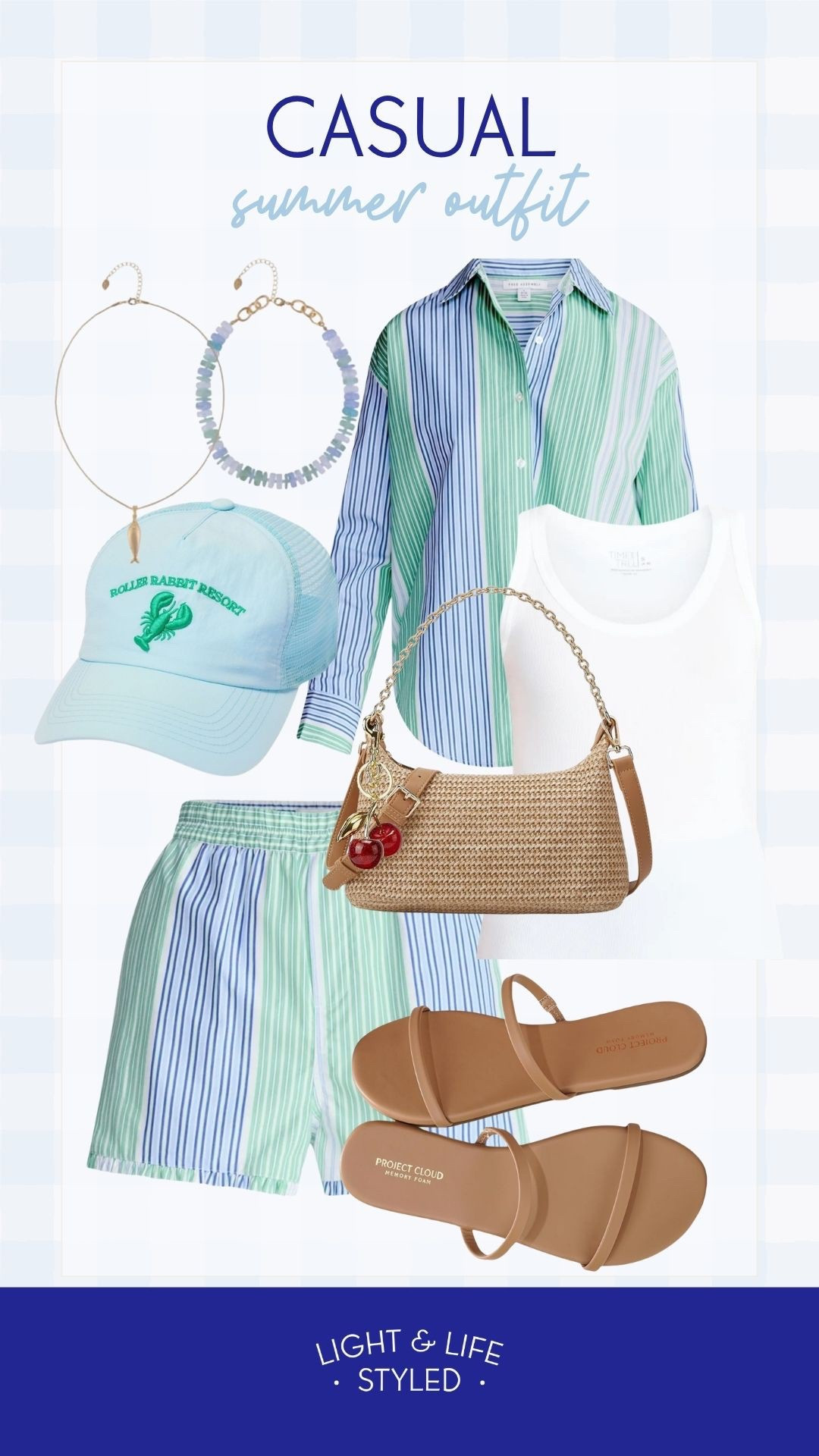 I want to say I’m shocked that this blue and green striped set is from Walmart, but everything I’ve found there lately is so pretty  and such good quality. I paired it with a white ribbed tank and fun summer accessories for the cutest casual summer look. The look and feel of this outfit is so comparable to far more expensive brands, without the high price tag. 
Coastal casual summer outfit inspo

#LTKOver40 #LTKSeasonal #LTKPetite