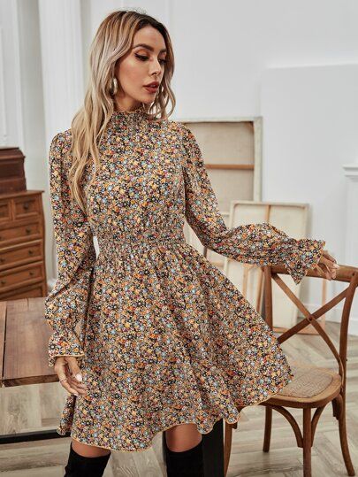 Allover Floral Print Shirred Waist Dress | SHEIN